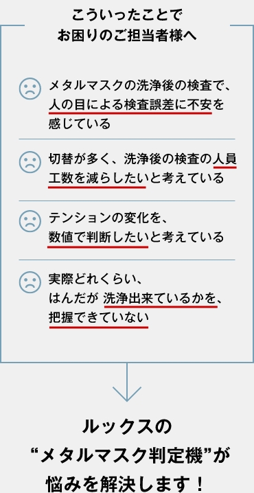 ルックスの “メタルマスク判定機”が悩みを解決します！